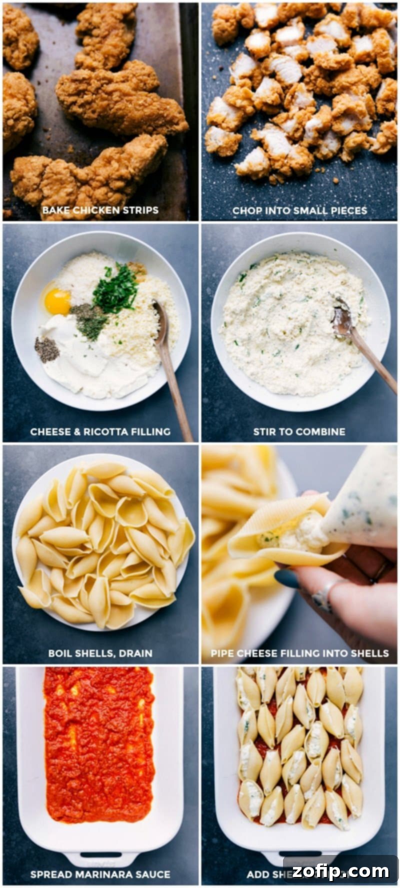 Preparing Chicken Parm Stuffed Shells: Baking, Cutting, Filling, and Assembling Baking chicken strips, cutting them into small pieces, mixing the cheesy filling, cooking the shells, filling the shells with cheese, spreading marinara sauce on the bottom of the pan, and adding the filled shells onto the marinara sauce.