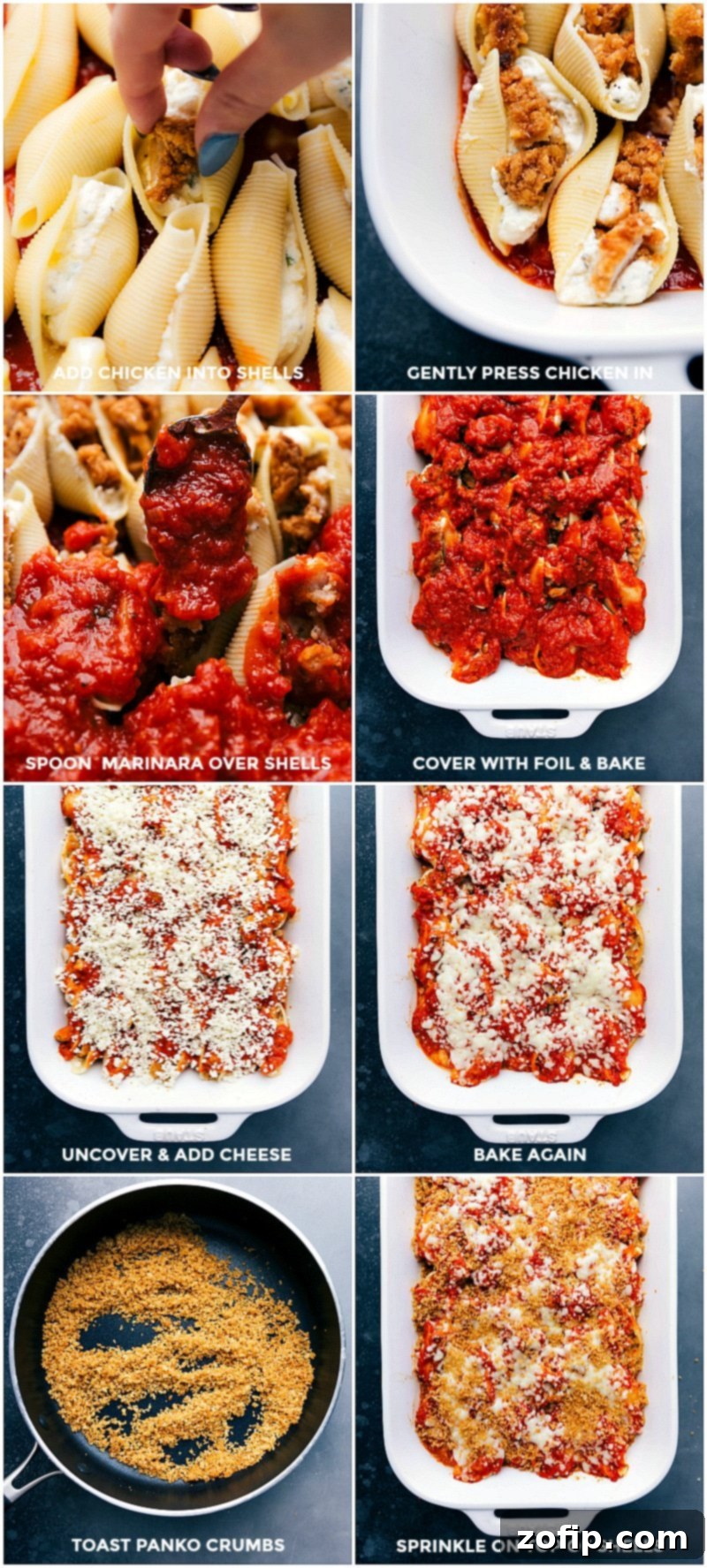 Preparing Chicken Parm Stuffed Shells: Assembly, Baking, and Topping with Crispy Panko Adding cheese-stuffed shells to the pan, placing chicken pieces in the shells, spooning marinara sauce over the shells, covering with foil and baking, uncovering, adding cheese and baking more, toasting panko crumbs, and sprinkling crumbs on top of baked shells to complete the chicken parm stuffed shells recipe.