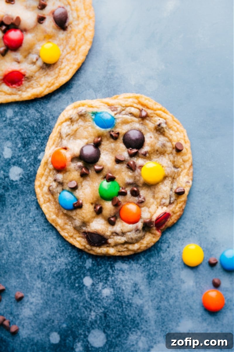 Large, thin, and crispy bakery-style M&M cookies with soft centers