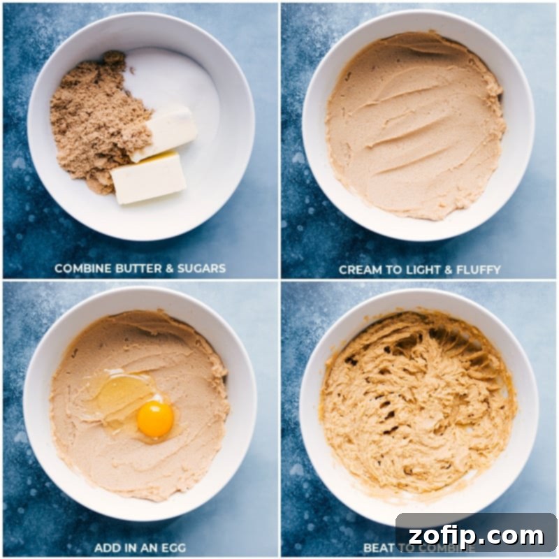 Process shots showing butter and sugar being combined, then creamed until light and fluffy, followed by adding eggs and beating to combine.