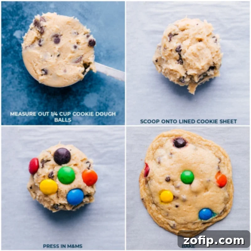 Process shots demonstrating how to scoop cookie dough onto a baking sheet, press in M&M's, and prepare for baking.
