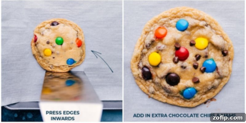 Process shots illustrating how to press cookie edges inward with a metal spatula and add extra chocolate chips and M&M's to the tops for a perfect finish.