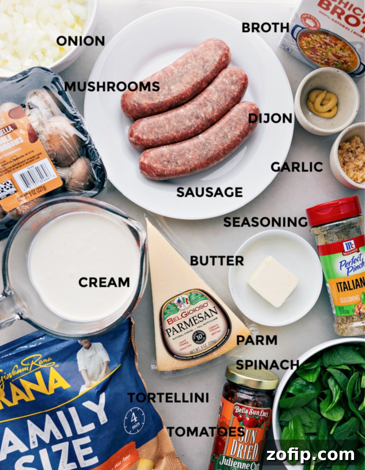 All the fresh ingredients prepped out for making Sausage Tortellini Bake.
