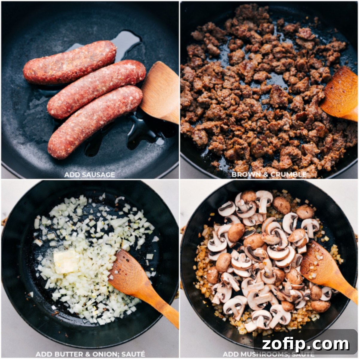 Italian sausage being browned, followed by butter, onion, and mushrooms being added to the pot for Sausage Tortellini Bake.