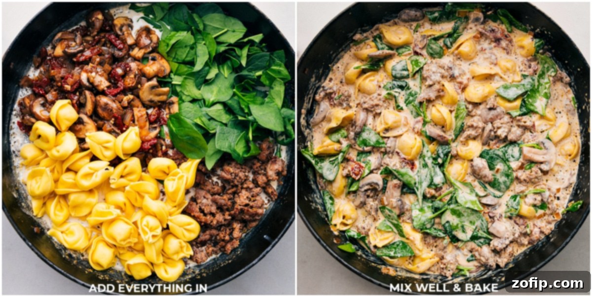 All the components being added to the pot and mixed together for this rich Sausage Tortellini Bake.