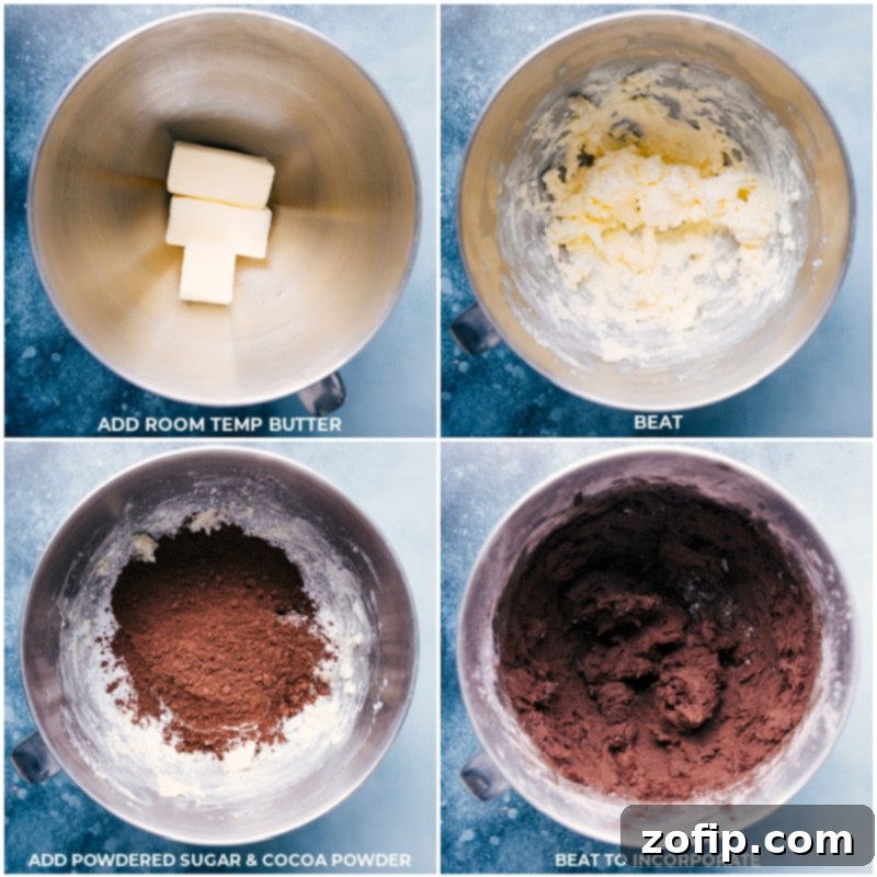 Decadent Chocolate Buttercream Frosting 3 Butter being beat, then powdered sugar and cocoa powder being incorporated for this Chocolate Buttercream Frosting Recipe, showing the key stages of preparation.