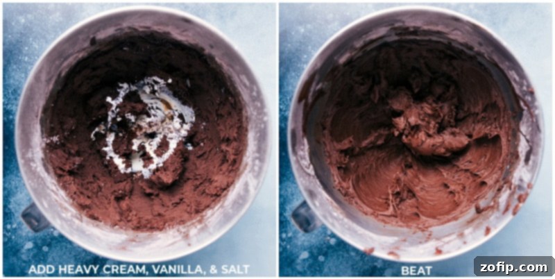 Decadent Chocolate Buttercream Frosting 4 The heavy cream, vanilla, and salt being added to the frosting mixture, illustrating a key step in achieving the perfect consistency and flavor.
