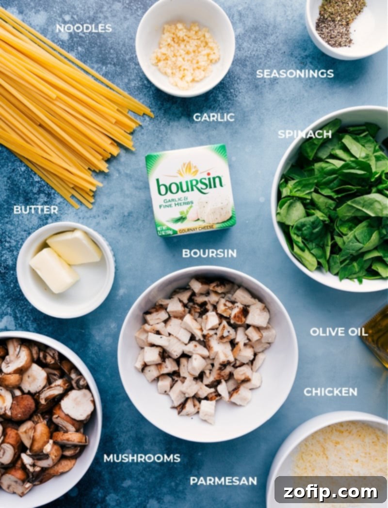 All the fresh ingredients laid out for easy assembly: cooked chicken, fettuccine, spinach, seasonings, garlic, olive oil, mushrooms, and Parmesan cheese.