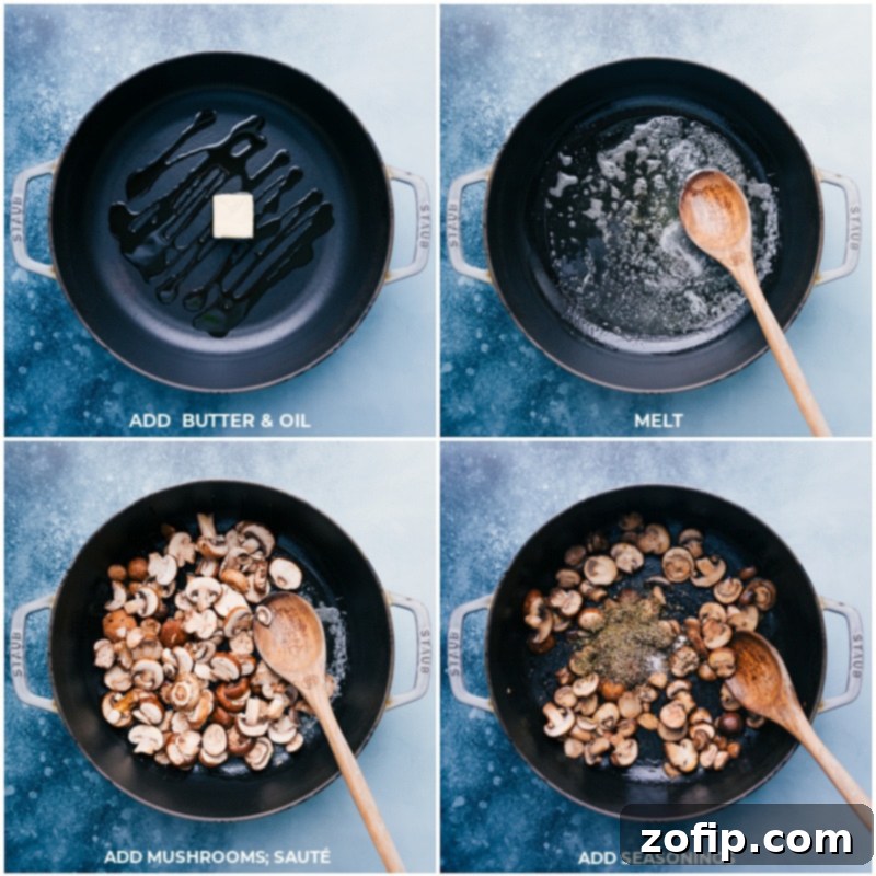 Butter and olive oil melting in a skillet, followed by sliced mushrooms sautéing with seasonings for this creamy chicken pasta, showing the first steps of cooking.