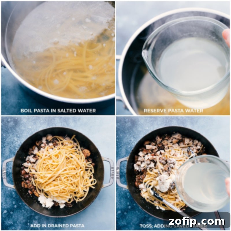 Pasta cooking, then added to the skillet along with extra pasta water to bring the creamy chicken pasta sauce together, showcasing the final stages of combining ingredients.