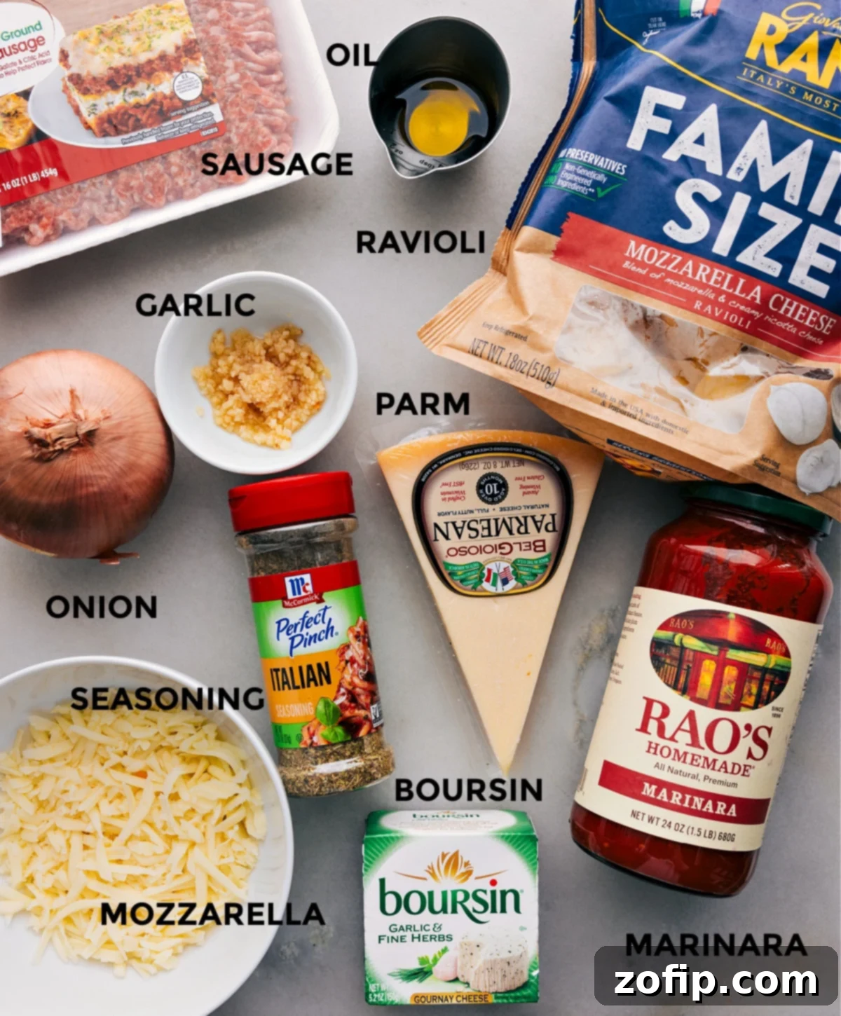 One Skillet Baked Ravioli All the fresh ingredients for this baked ravioli recipe, prepped and ready for easy assembly.