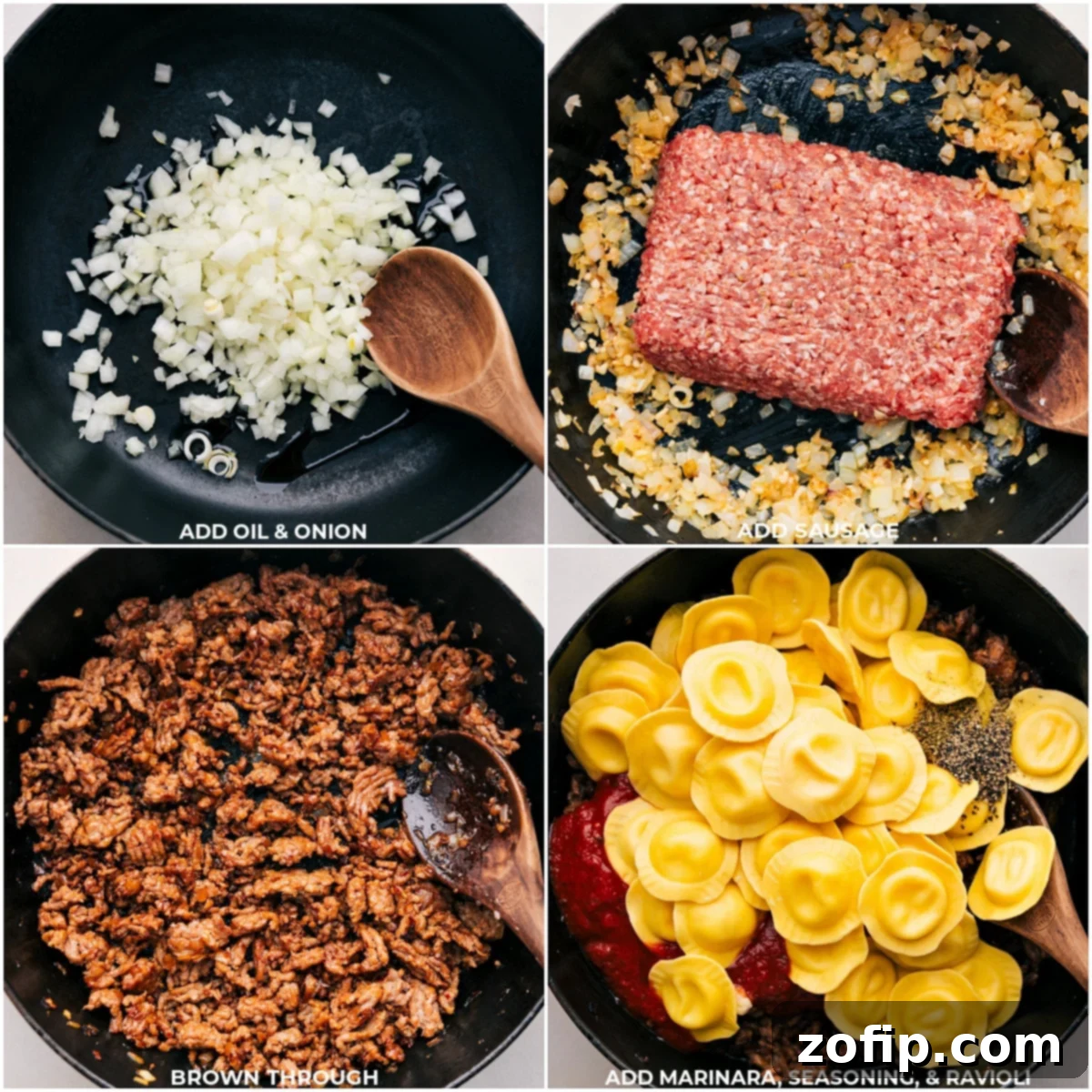 Delicious Baked Ravioli The cooking process of baked ravioli, showing olive oil, onion, sausage, marinara, and ravioli being added to an oven-safe pot.