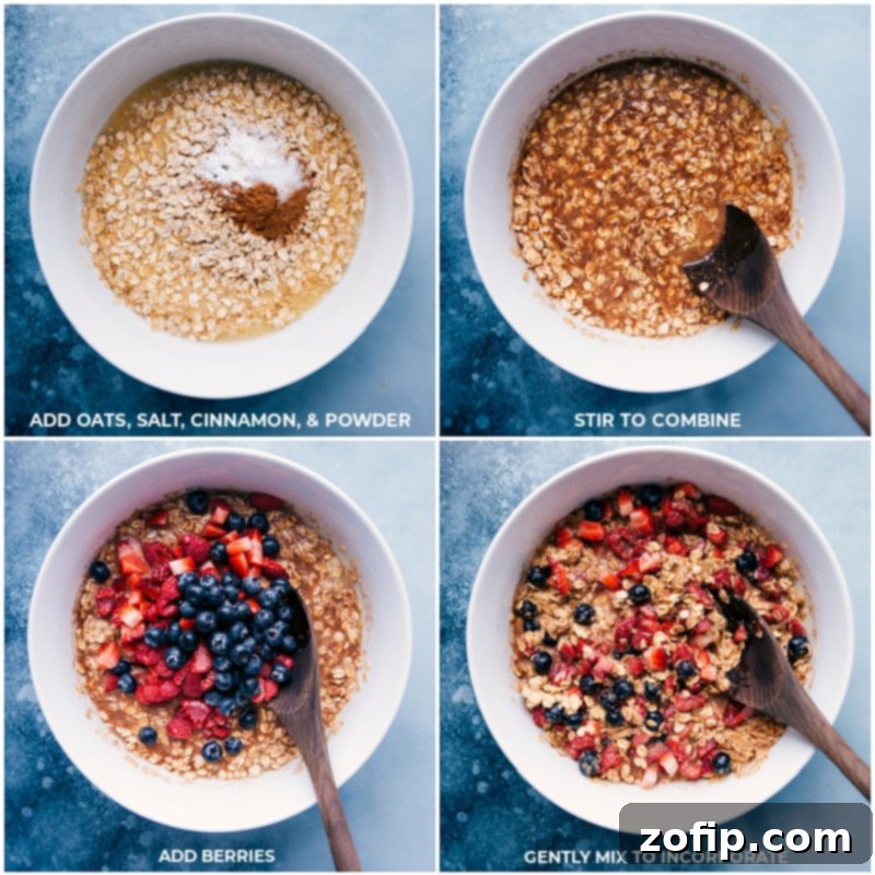 Process shot: Adding dry ingredients and fresh berries to the liquid mixture for baked oatmeal.