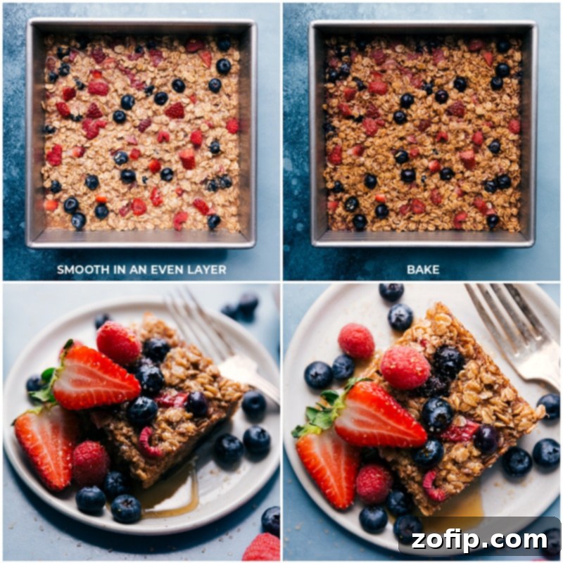 Process shot: Prepared baked oatmeal batter in a pan, ready for the oven, and a slice of finished baked oatmeal being served.