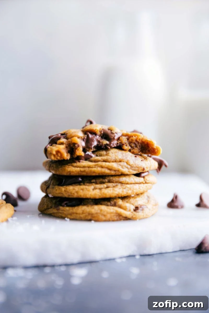 The Best Chewy Pumpkin Chocolate Chip Cookies A stack of perfectly baked pumpkin chocolate chip cookies, with one cookie showing a bite taken out, revealing its soft and chewy interior.