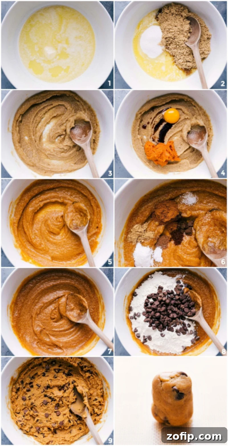 The Art of Crafting Pumpkin Chocolate Chip Cookie Dough A step-by-step visual of the cookie-making process: from combining ingredients in a bowl, stirring to create the dough, to rolling the dough into perfect balls, ready for baking.