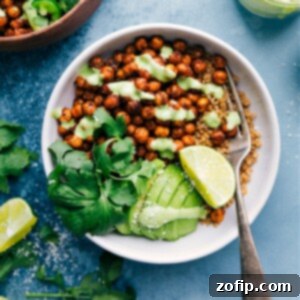 Mexican Chickpeas with Creamy Cilantro-Lime Sauce served in a bowl, ready to eat.