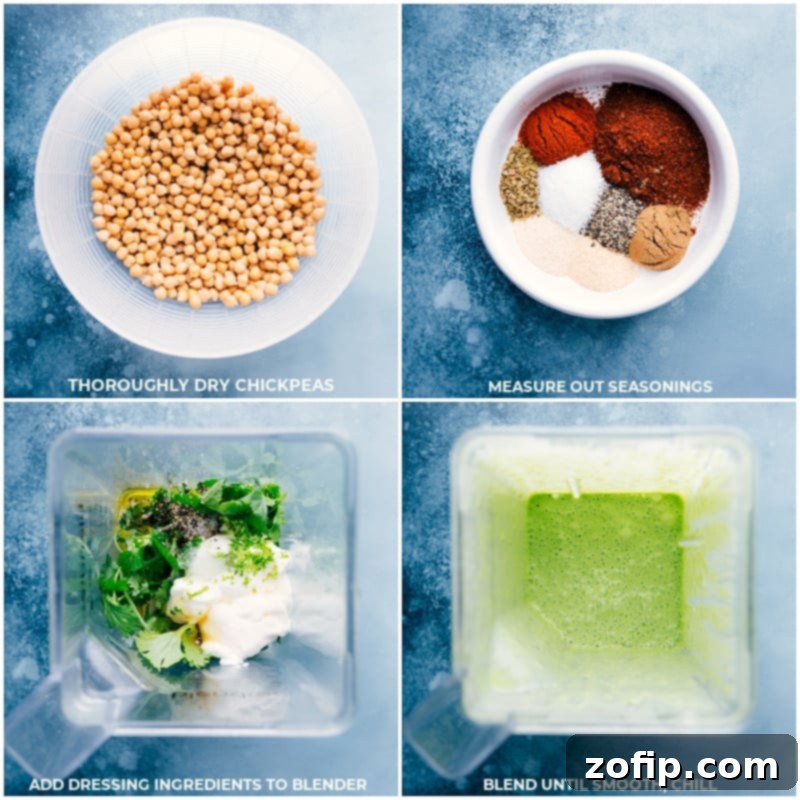 Process shots showing the steps involved in preparing Mexican Chickpeas, including seasoning the chickpeas before roasting.