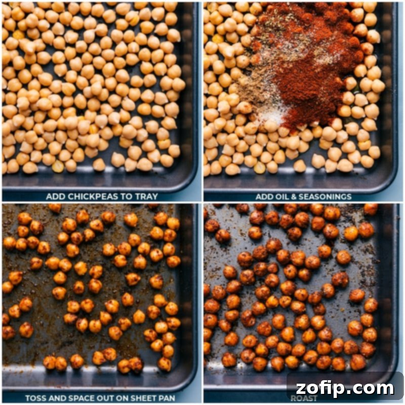 Process shots showing the preparation of Mexican Chickpeas, from seasoning the drained chickpeas to roasting them on a sheet pan for a crisp texture.