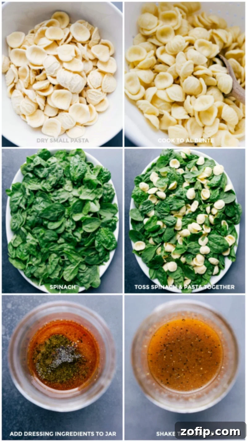 A simple and delicious pasta and spinach salad featuring tart apples, crisp celery, toasted pecans, sweet dried cranberries, and juicy oranges, all dressed with a simple poppyseed vinaigrette. #apples #walnuts #oranges #autumn #crunch #pasta #salad Process shots of cooking pasta, prepping spinach, and preparing the poppyseed vinaigrette for Autumn Crunch Pasta Salad.
