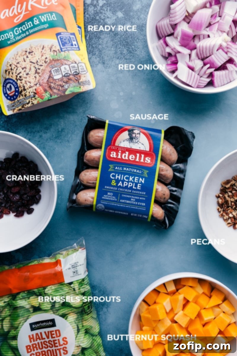 Assortment of fresh ingredients for Butternut Squash Wild Rice Pilaf, including butternut squash, Brussels sprouts, red onion, sausage, and pre-cooked wild rice.