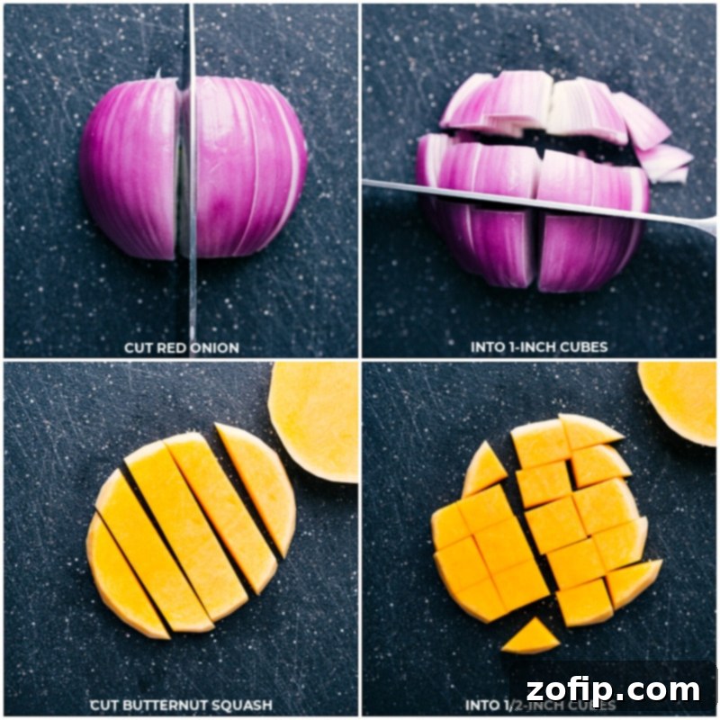 Visual guide demonstrating the ideal cube sizes for butternut squash and red onion, and halved Brussels sprouts for even roasting.