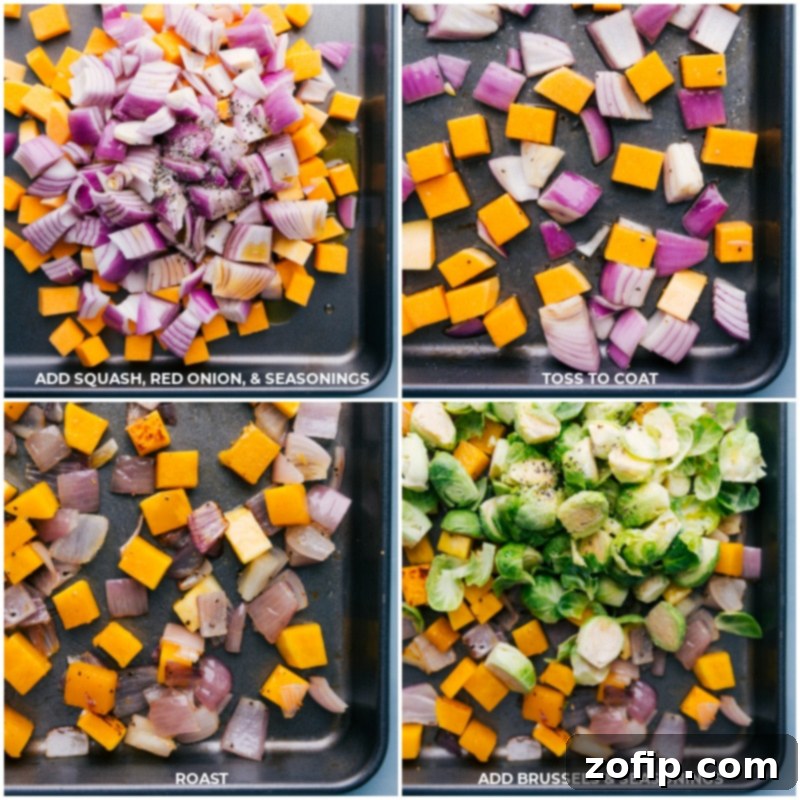 Process shot: Butternut squash and red onions roasting on a sheet pan, seasoned with olive oil and maple syrup.