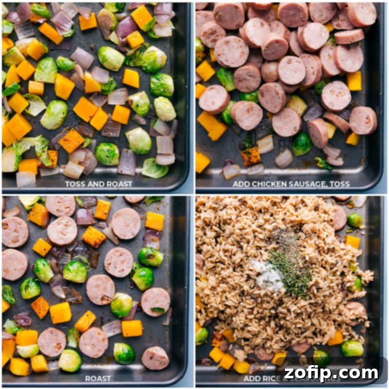 Process shot: Adding sliced smoked chicken sausage and the wild rice mixture to the roasting vegetables on the sheet pan.