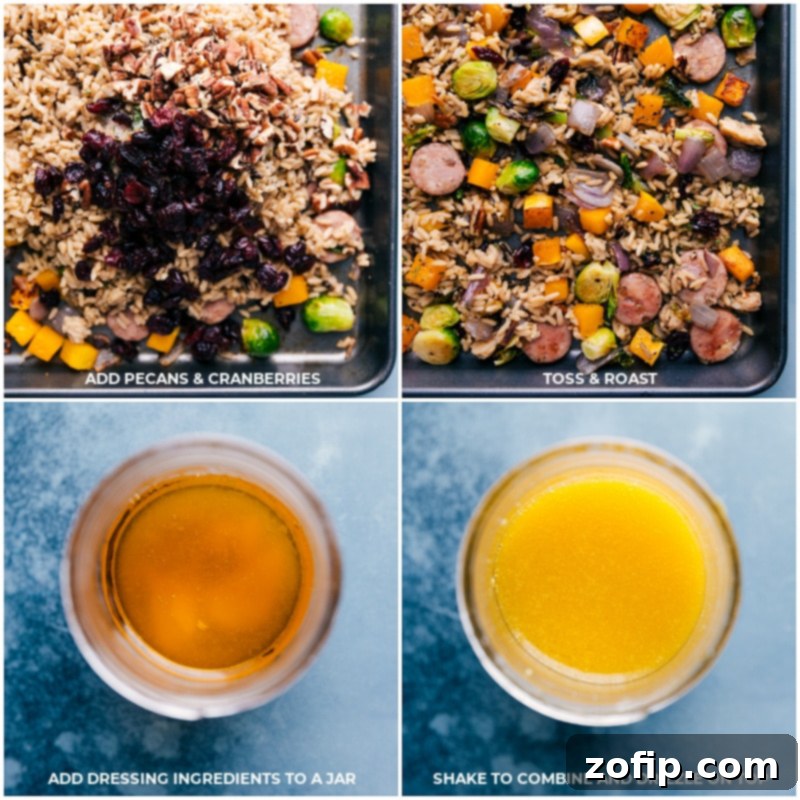 Process shots: Adding dried cranberries and chopped pecans to the roasted pilaf on the sheet pan, and a separate image of the maple-orange vinaigrette being mixed in a jar.