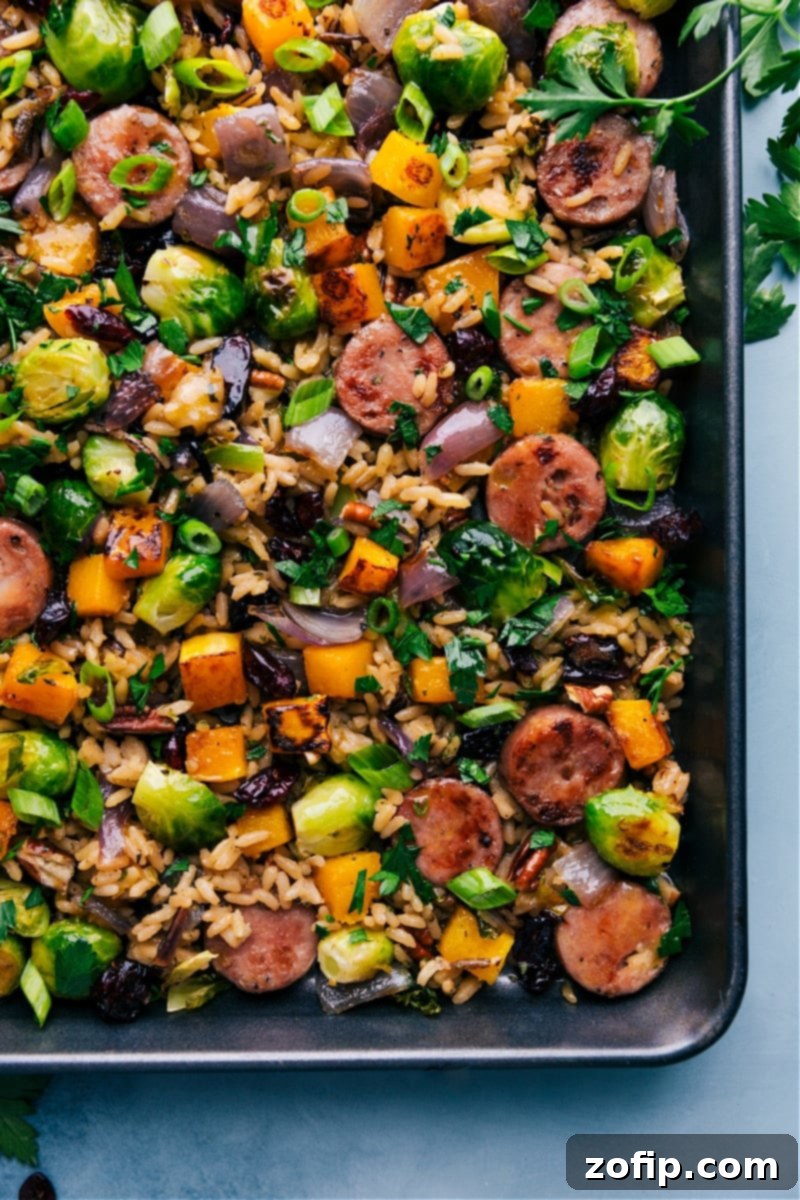 Close-up overhead image of the finished Butternut Squash Wild Rice Pilaf, garnished with fresh herbs, showcasing the textures and colors.