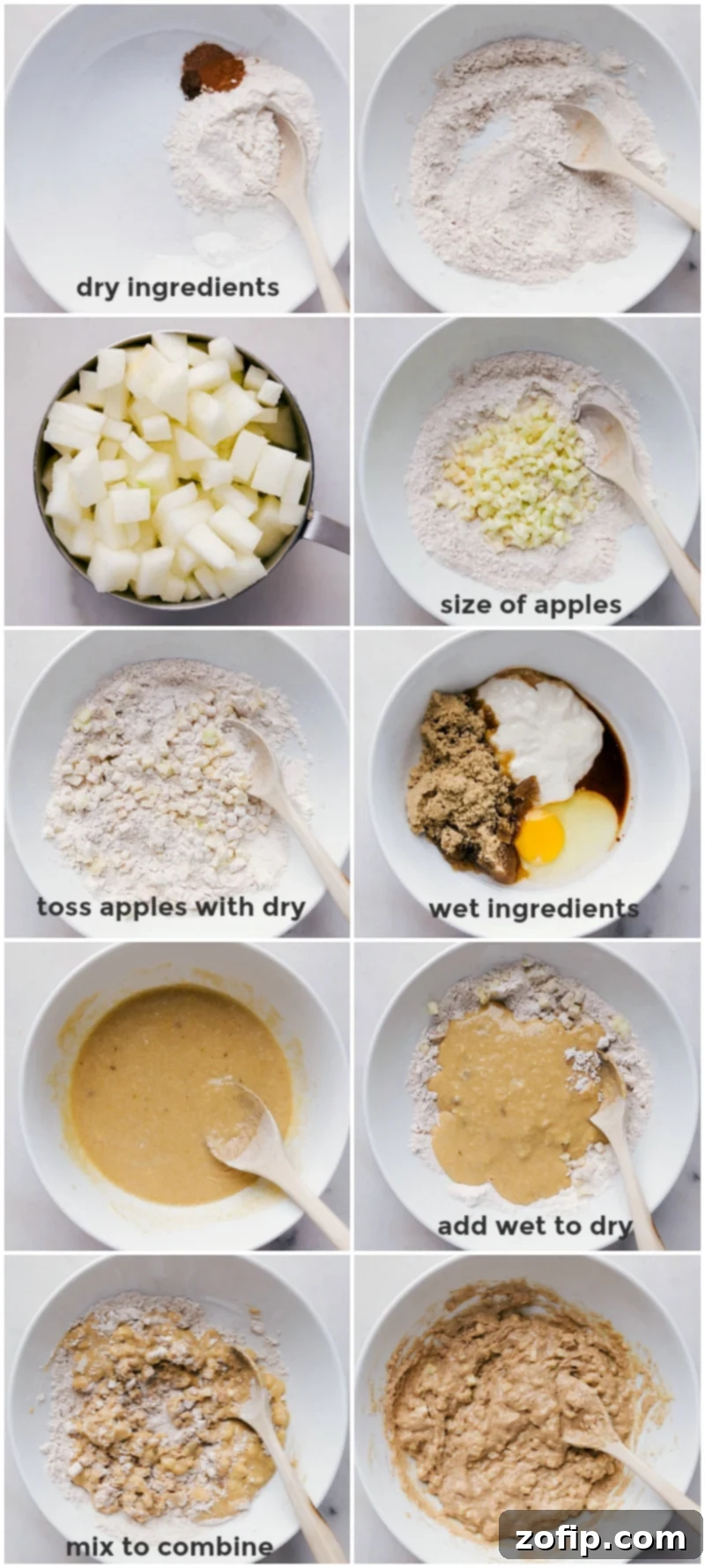 Wholesome Apple Muffins 3 A close-up of a bowl where wet and dry ingredients are being gently mixed together to form the apple muffin batter.