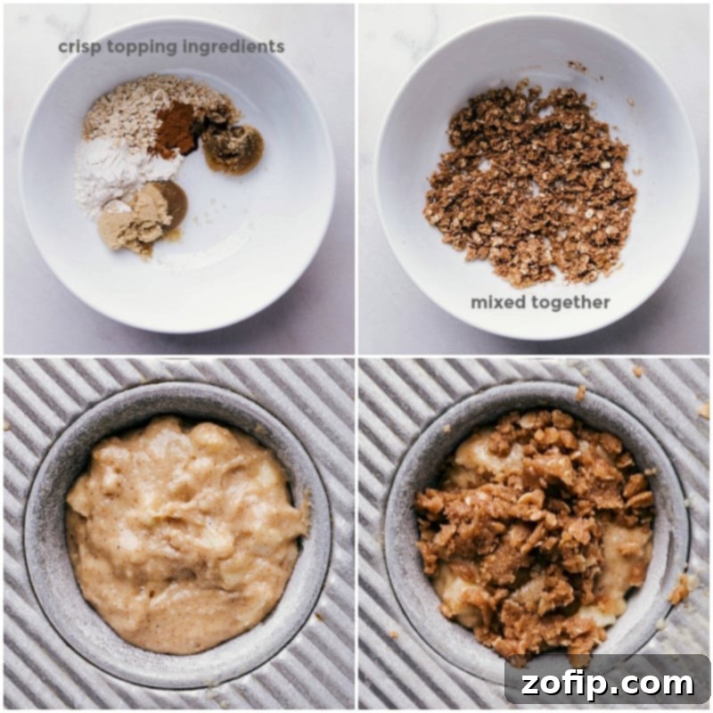 Homemade Crumb Topping for Apple Muffins Close-up of a bowl filled with crumb topping ingredients, including oats, brown sugar, and cinnamon, ready to be sprinkled.