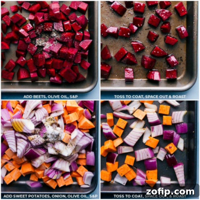 Process shots showing beets, sweet potatoes, and red onion seasoned with olive oil, salt, and pepper on separate sheet pans before roasting.