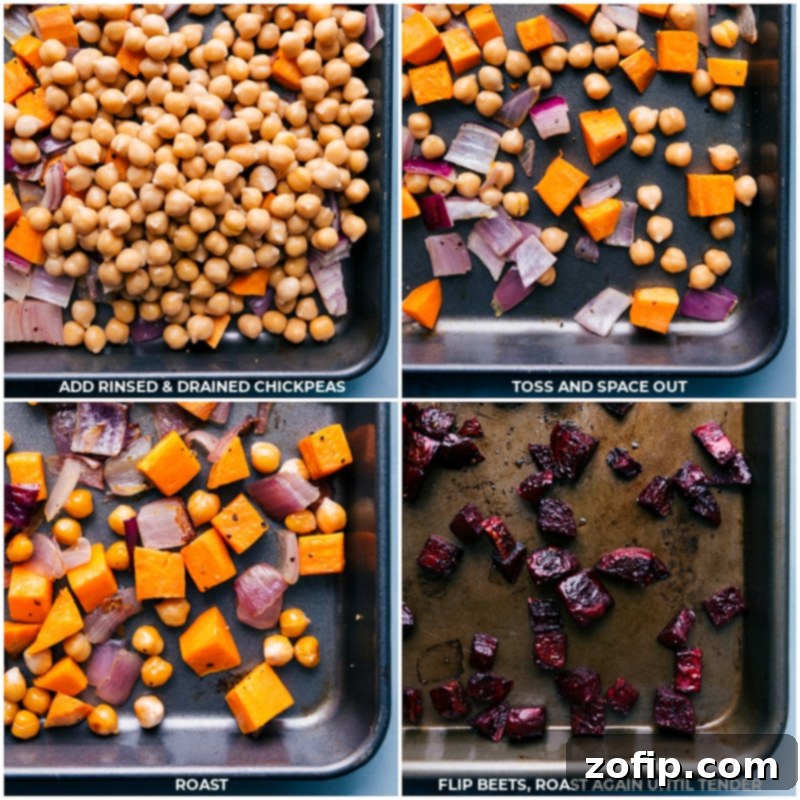 Close-up of sweet potatoes, red onion, and chickpeas on a sheet pan, drizzled with olive oil and seasonings, ready for roasting.