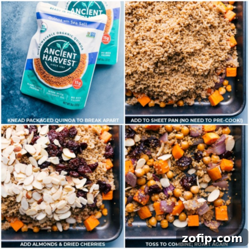 Quinoa, sliced almonds, and dried cherries being added to a sheet pan with roasted sweet potatoes, onions, and chickpeas, ready for a final short roast.