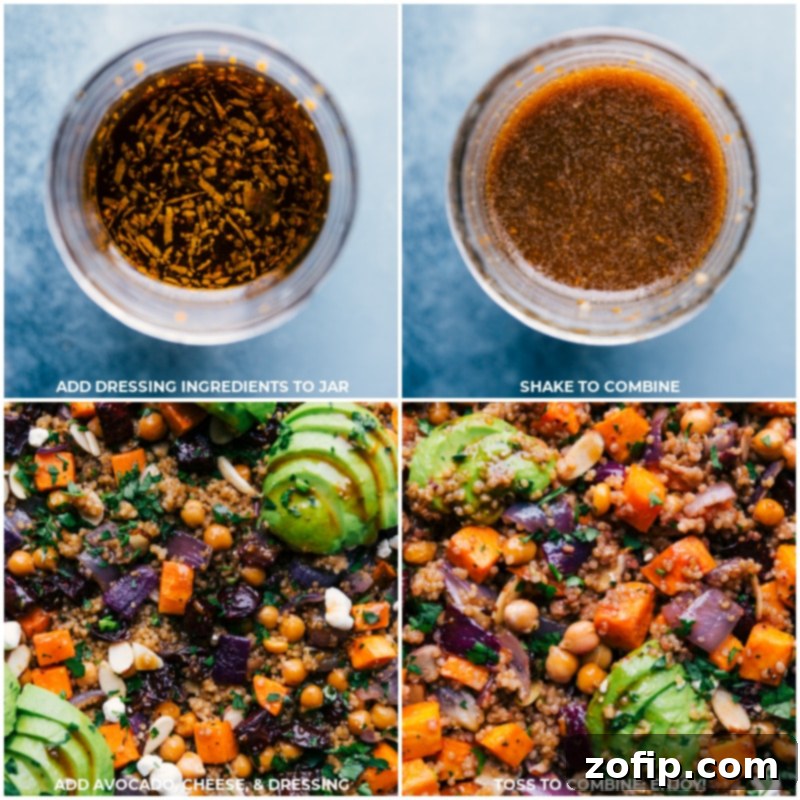 The final step of Sheet Pan Quinoa Pilaf, showing the dressing being drizzled over the roasted vegetables and quinoa, with fresh avocado and parsley as toppings.