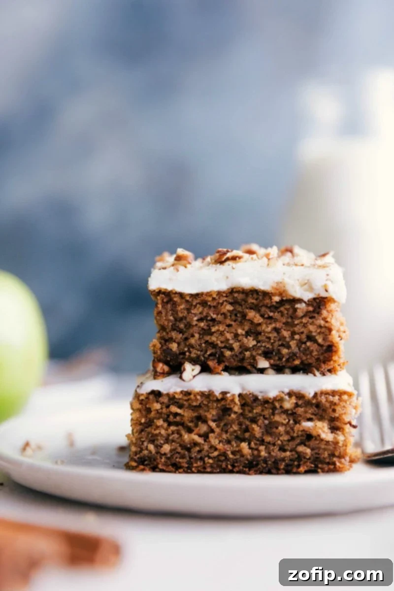 Delicious Stacked Slices of Spiced Applesauce Cake with Cream Cheese Frosting Two slices of perfectly baked applesauce cake, layered with creamy frosting and ready to be enjoyed.