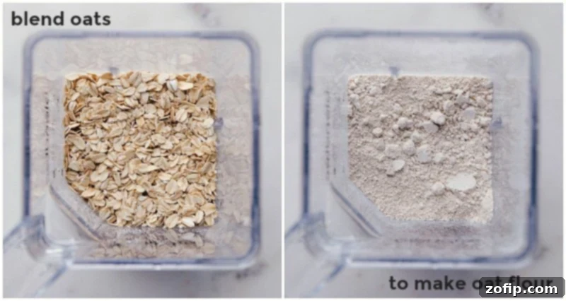 Homemade Oat Flour for Healthier Baking Step-by-step process of creating fine oat flour from whole oats using a blender.