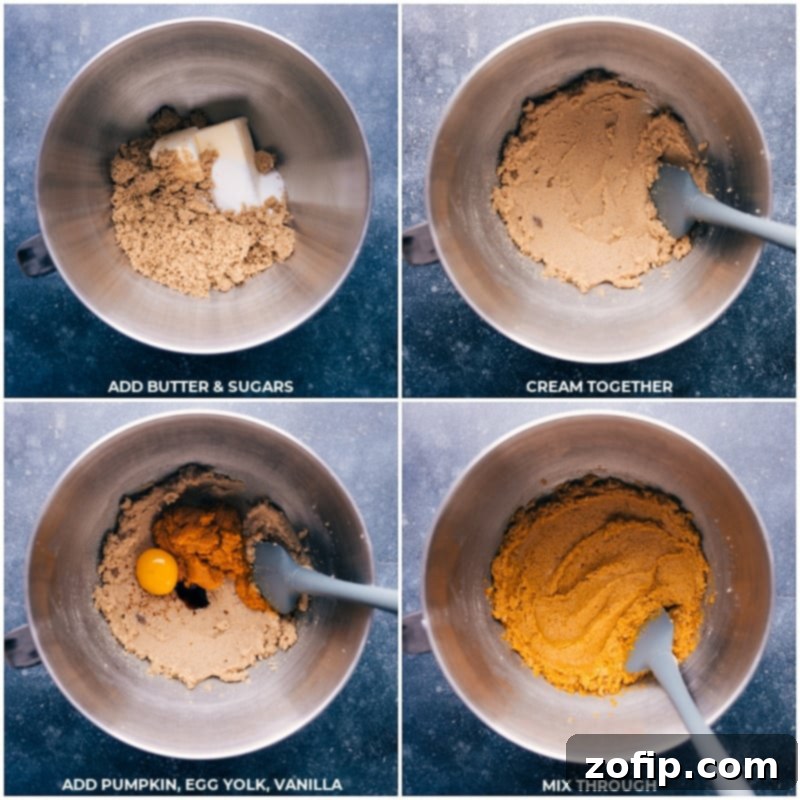 Process shots showing wet ingredients being mixed together for Pumpkin Oatmeal Chocolate Chip Cookies.