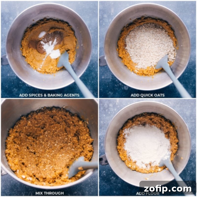 Process shots of Pumpkin Oatmeal Chocolate Chip Cookies, showing dry ingredients being added to the wet mixture and the dough being combined.