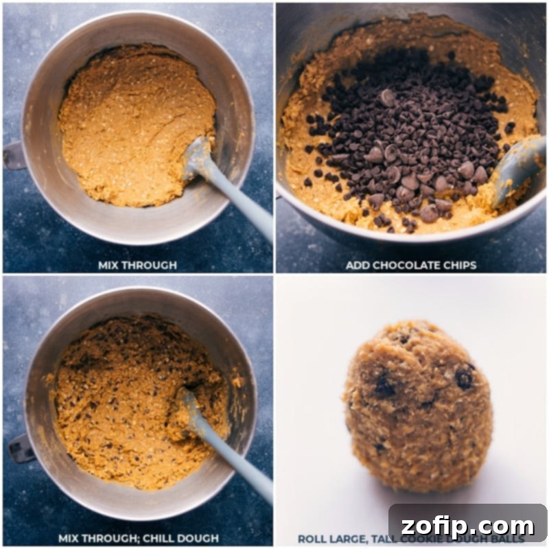 Process shots showing chocolate chips being added to the cookie dough and then the dough balls being rolled out.