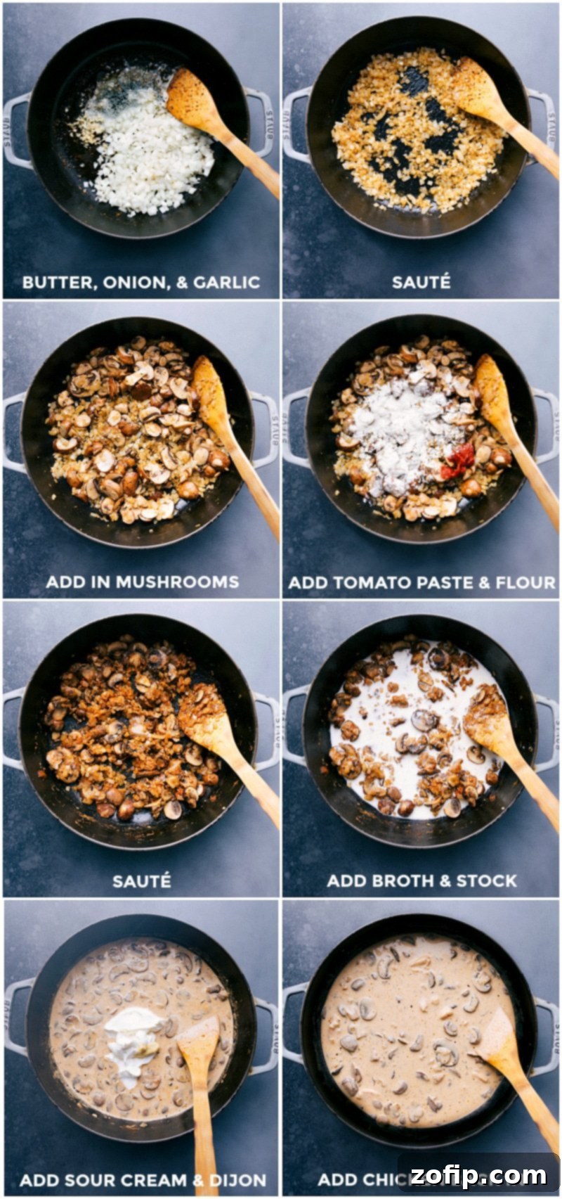 Onions, garlic, and mushrooms sautéing in a skillet with butter, tomato paste, and spices.