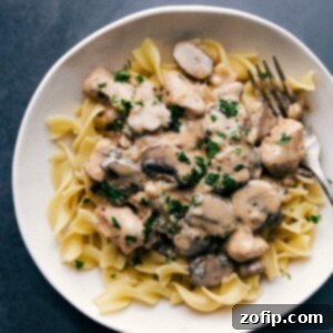 Creamy Chicken Stroganoff served over noodles, ready to be enjoyed.