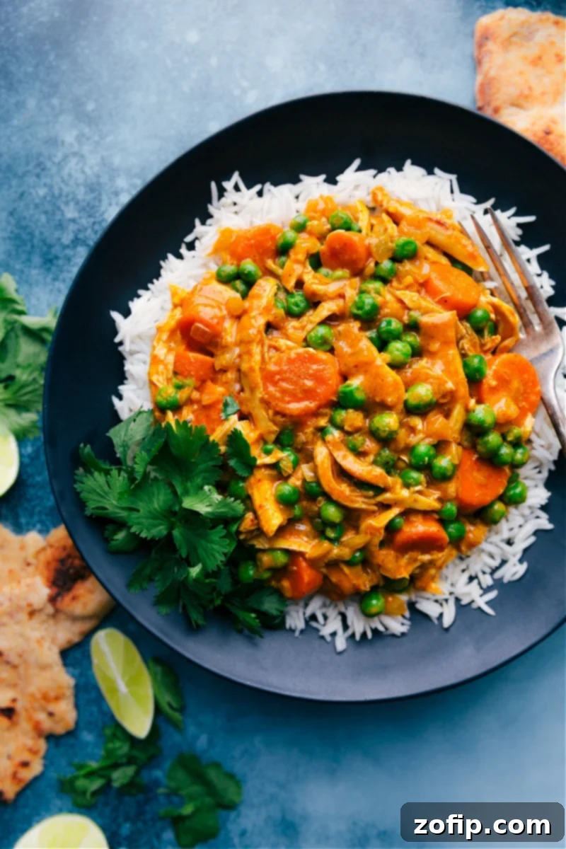 Quick Chicken Curry Is The Best Weeknight Dinner Quick Chicken Curry on a plate over a bed of rice, garnished with fresh cilantro.