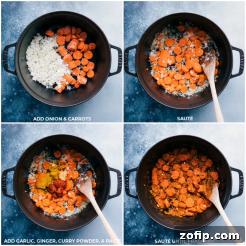 How To Make Quick Chicken Curry Step-by-step image showing onions and carrots being sautéed, followed by the addition of garlic, ginger, curry powder, and red curry paste, creating a fragrant base for the curry.