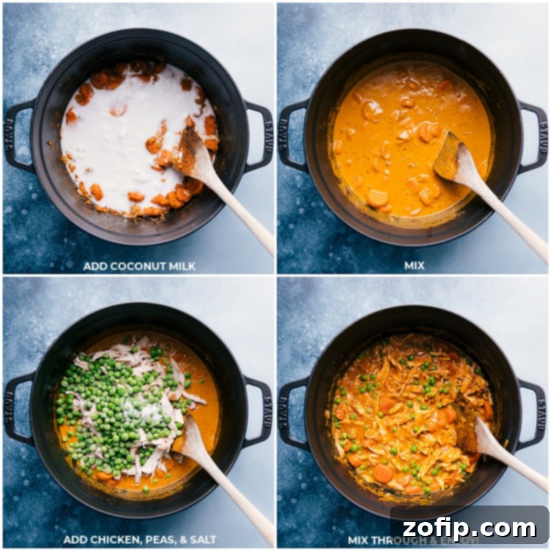 Finishing The Delicious Quick Chicken Curry Coconut milk, shredded chicken, and frozen peas being stirred into the quick chicken curry, along with a sprinkle of salt, finalizing the dish.