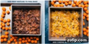 Beef mixture in a pan and sweet potato puffs baking on a sheet pan