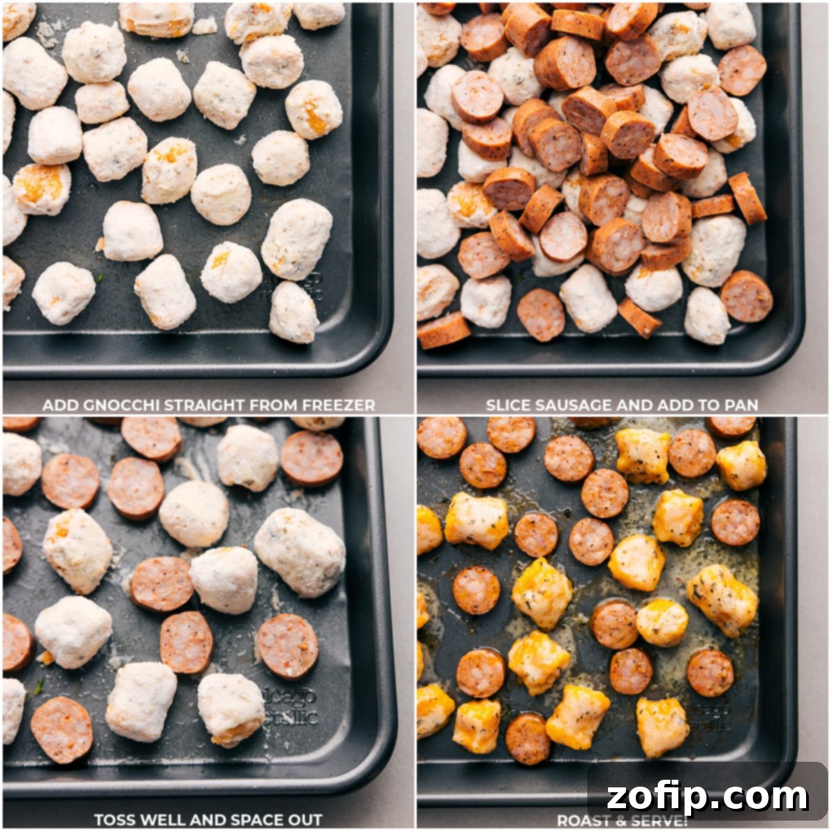 A sheet pan with perfectly roasted sweet potato gnocchi and chicken sausage, ready for pesto