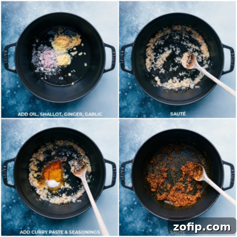 Process steps: Sautéing shallot, ginger, and garlic, then adding curry paste and spices for a fragrant base.