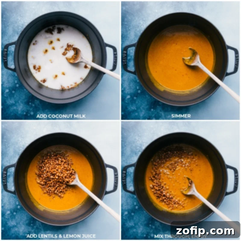 Process steps: Adding coconut milk to aromatics, simmering, then stirring in lentils and lemon juice, ready to serve.